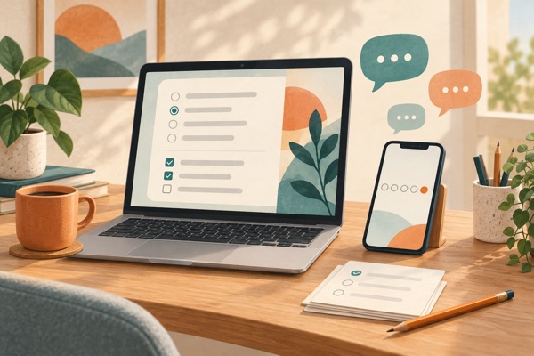 Illustration d'un ordinateur portable affichant un questionnaire à cases d'option, d'un téléphone avec une échelle de notation et de bulles de dialogue.