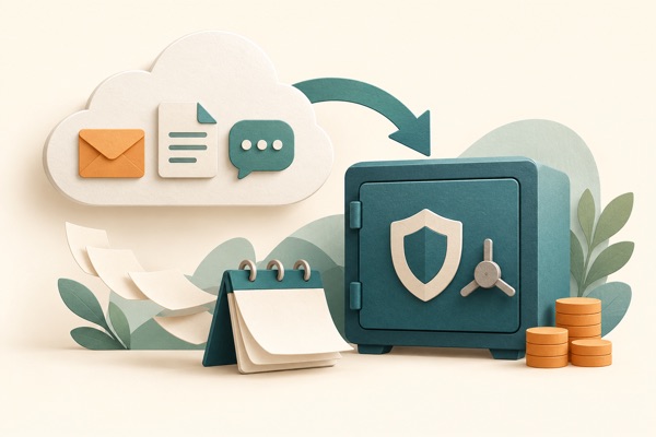 Illustration d'un nuage avec des icônes de courrier et de documents, d'une flèche vers un coffre-fort avec un bouclier et d'un calendrier montrant jusqu'où vous pouvez remonter.
