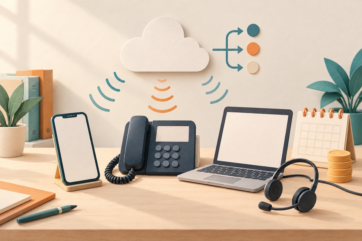 Illustration d'un bureau avec un smartphone, un téléphone de bureau et un casque à côté d'un ordinateur portable, reliés à un nuage, avec une petite pile de pièces et un calendrier pour les coûts mensuels.