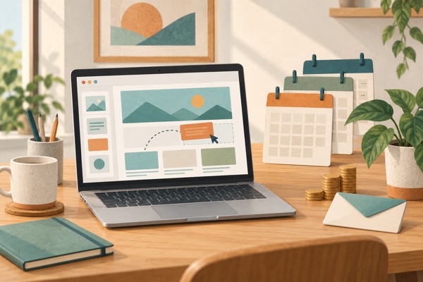Illustration d'un ordinateur portable affichant une maquette de site en blocs, d'un calendrier à trois feuillets annuels, d'une enveloppe et d'une petite pile de pièces.
